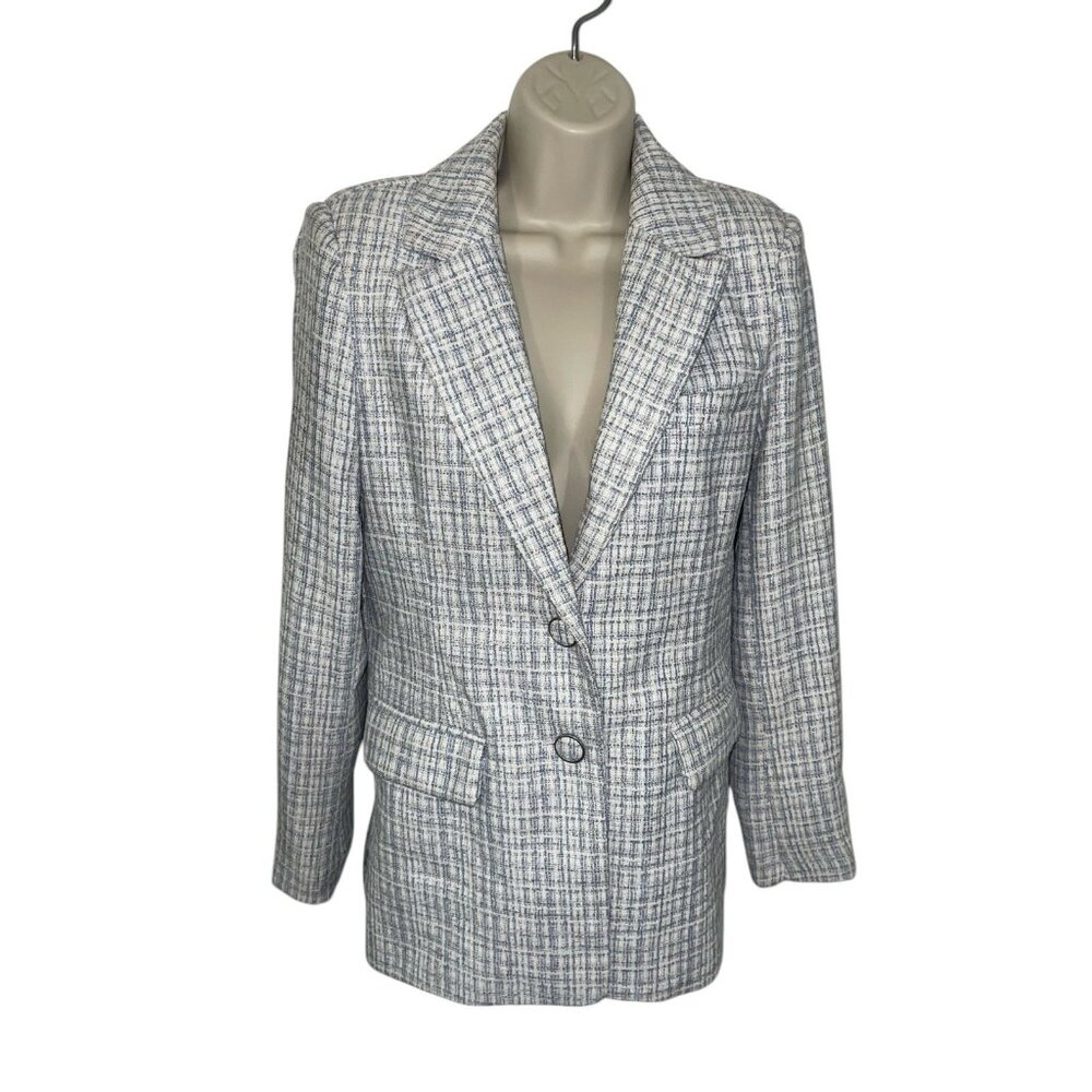 7 FOR ALL MANKIND Women's Blue Tweed Blazer Long Length Two Button Size Medium?